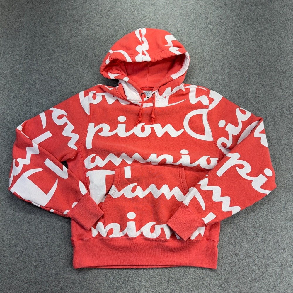 Champion Reverse Weave Hoodie Med Red All Over Script Logo Pullover Sweatshirt